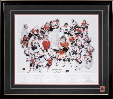 1974-75 Philadelphia Flyers Stanley Cup Champions Team Signed Litho With 23 Signatures in 29x33 Framed Display (SGC)